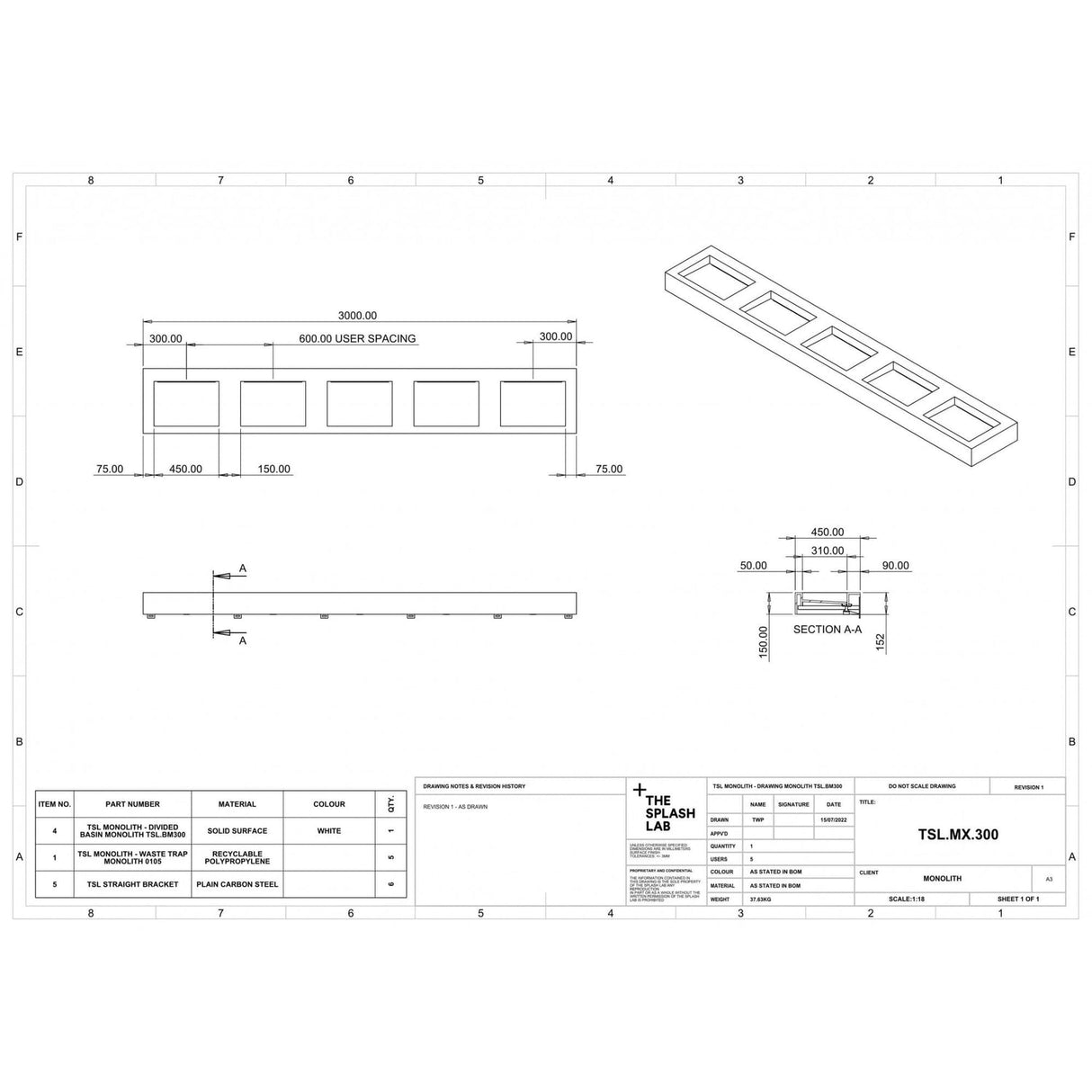 The Monolith M+ or L+ Series Wall Mounted Wash Basin L.3000mm (450 or 600mm Depth)