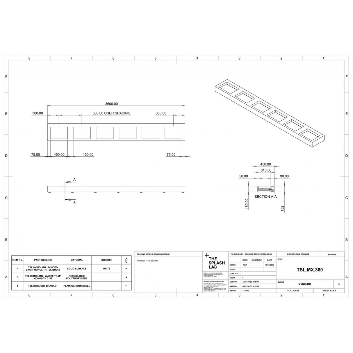The Monolith M+ or L+ Series Wall Mounted Wash Basin L.3600mm (450 or 600mm Depth)