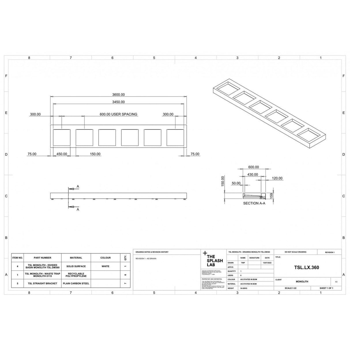 The Monolith M+ or L+ Series Wall Mounted Wash Basin L.3600mm (450 or 600mm Depth)