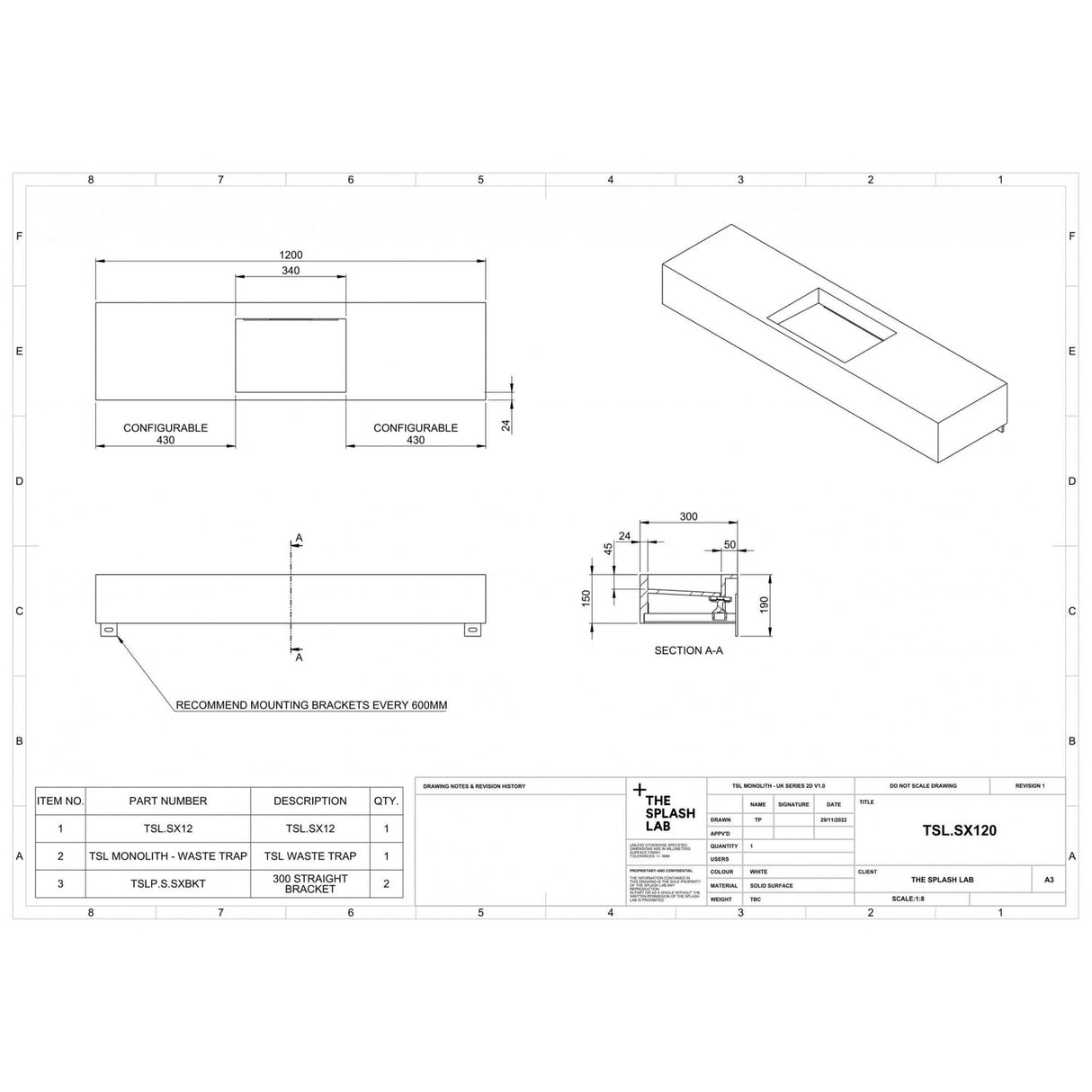 The Monolith S+ Series Wall Mounted Wash Basin With Large Vanity Area 1200x300