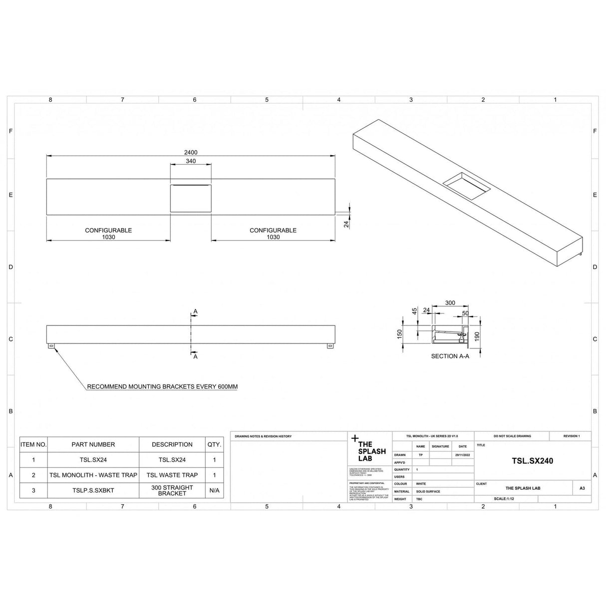 The Monolith S+ Series Wall Mounted Wash Basin With Large Vanity Area 2400x300