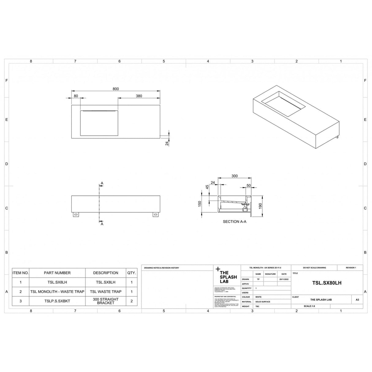 The Monolith S+ Series Wall Mounted Wash Basin With Large Right Hand Vanity Area 800x300