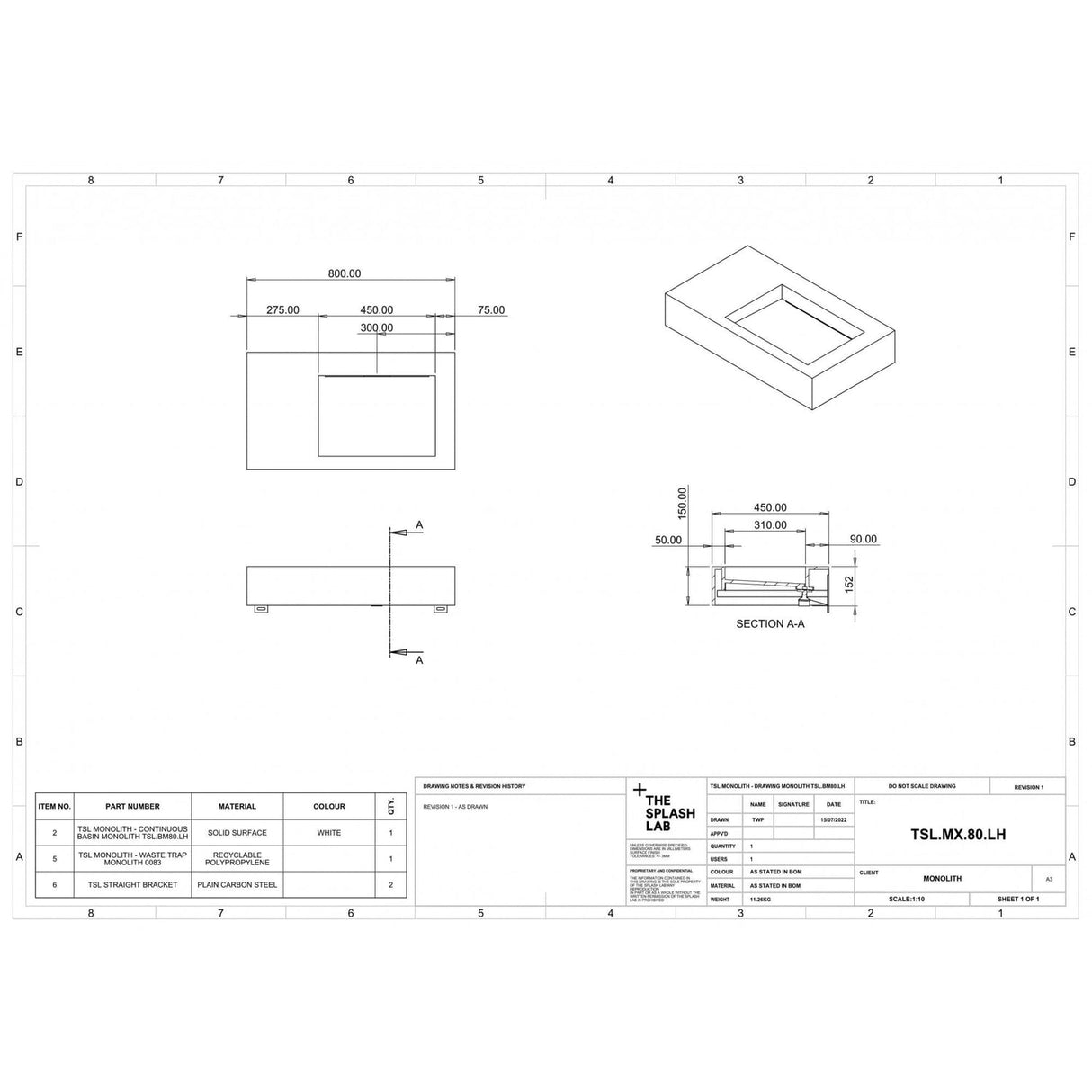 The Monolith M+ or L+ Series Wall Mounted Wash Basin With Left Hand Vanity Area L.800mm (450 or 600mm Depth)