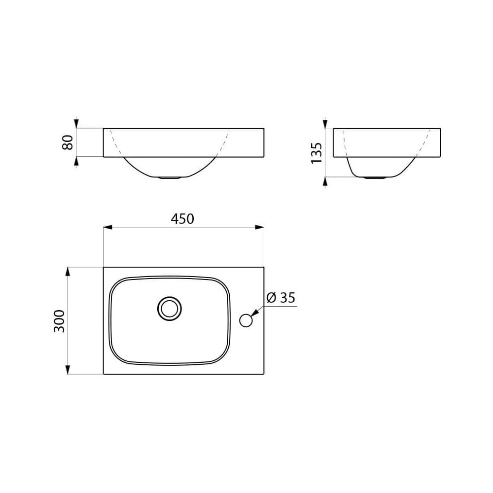 LAVANDO 450x300 Stainless Steel Wall Mounted Hand Washbasin with Ø35mm Tap Hole on Right Side 121370