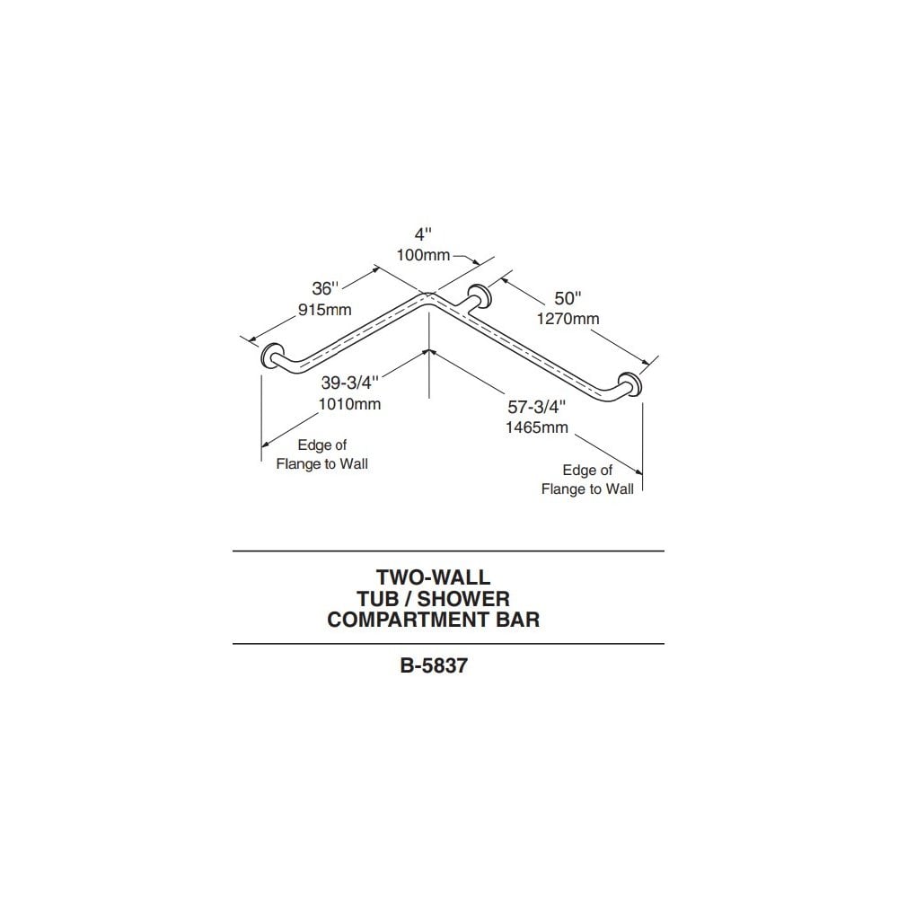 B-5837 Horizontal Bathroom 32mm Diameter Grab Rail for Two Walls (1010 x 1465mm)