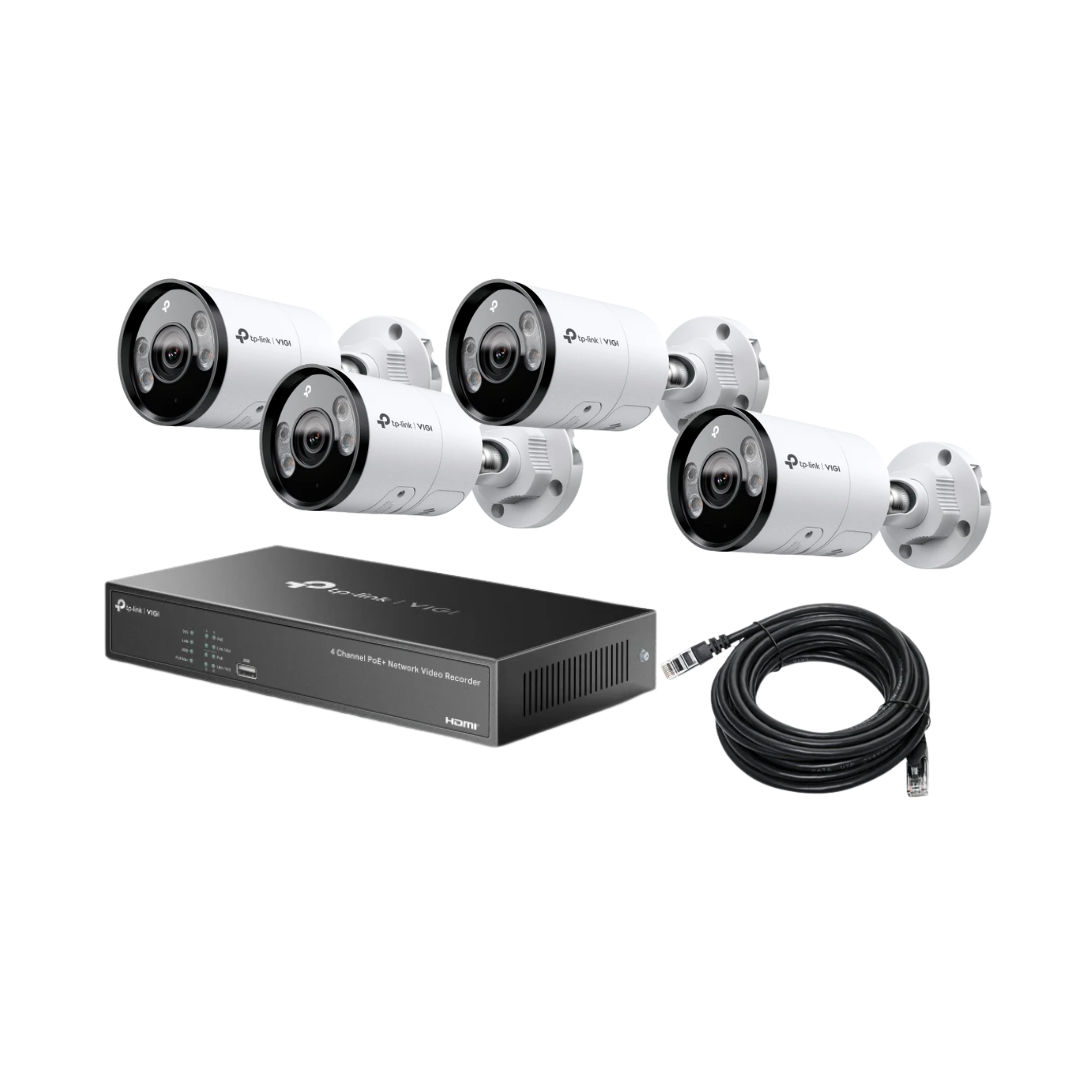TP-Link 4 MP Full-Colour PoE CCTV Kit – 4 × InSight S345 Bullet Cameras + NVR1004H-4P + 20 m Leads | SKUs S345, NVR1004H-4P, CAT5E-20M