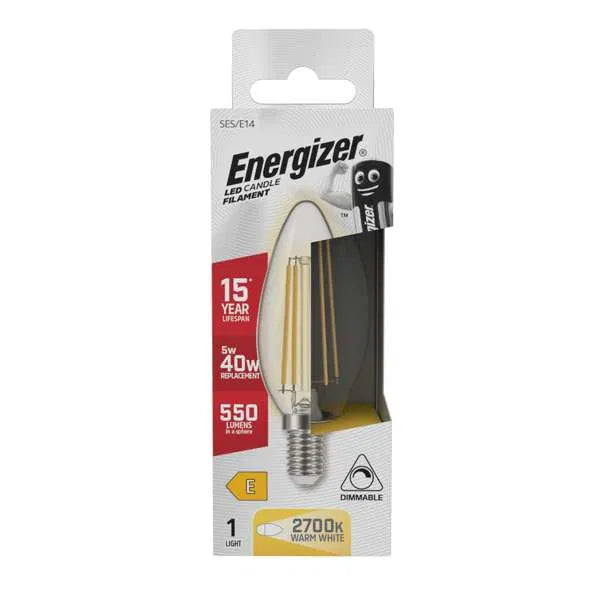 Energizer 5W LED Filament Candle E14 (SES) 550lm 2700K Warm White Dimmable – S12856, ENER546