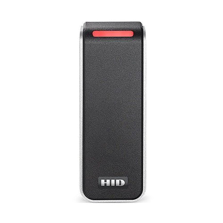 HID narrow-format access control reader in black with silver trim