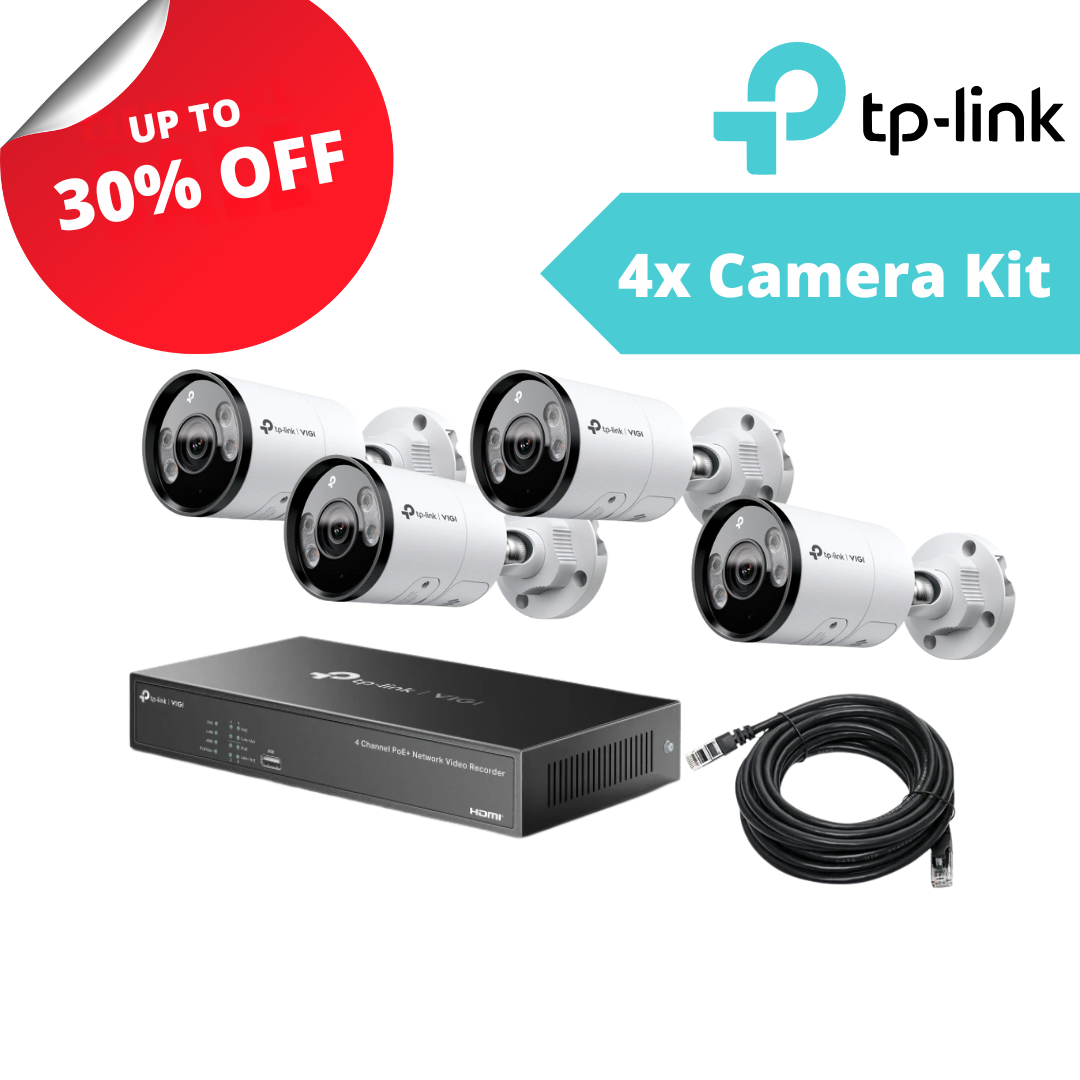 TP-Link 4 MP Full-Colour PoE CCTV Kit – 4 × InSight S345 Bullet Cameras + NVR1004H-4P + 20 m Leads | SKUs S345, NVR1004H-4P, CAT5E-20M
