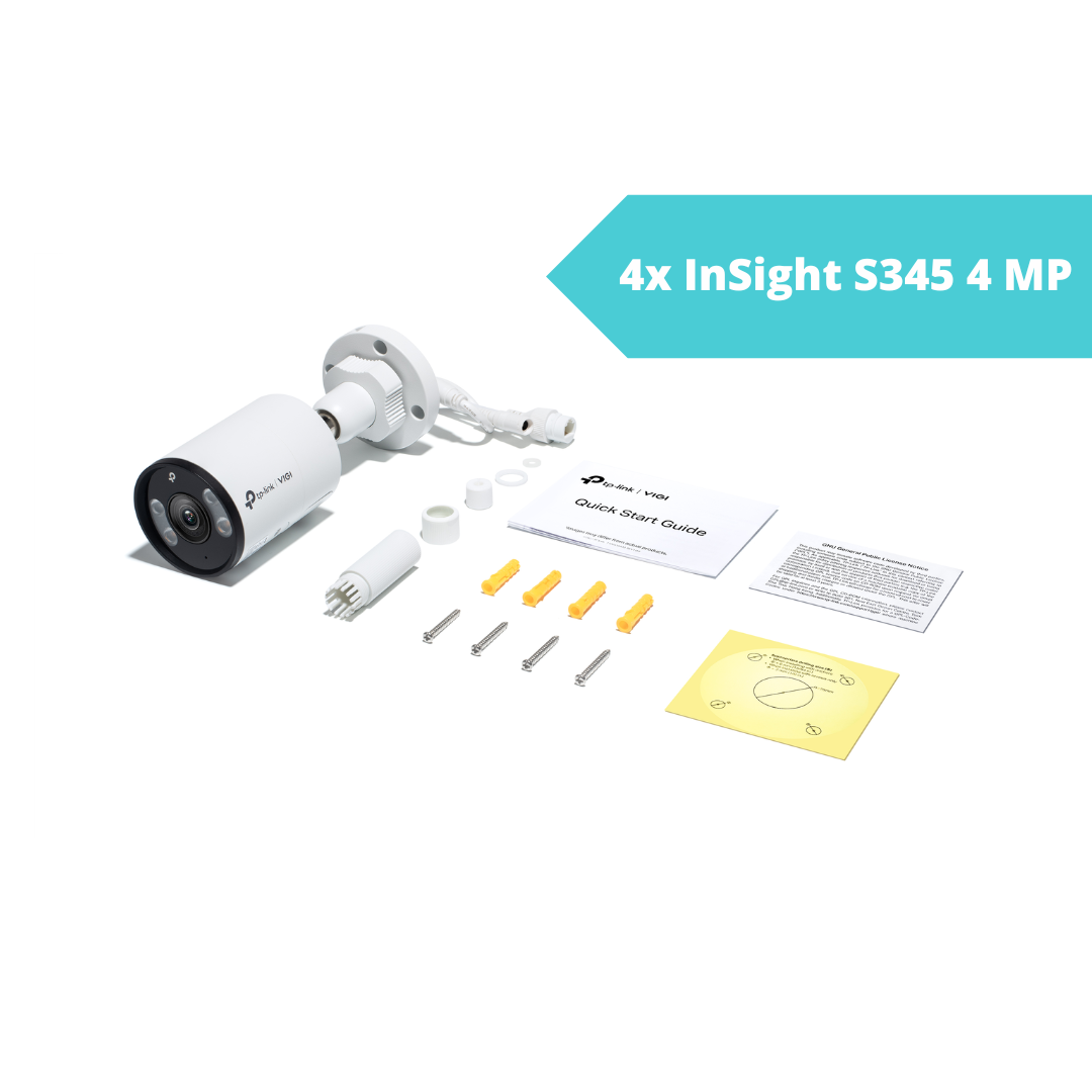 TP-Link 4 MP Full-Colour PoE CCTV Kit – 4 × InSight S345 Bullet Cameras + NVR1004H-4P + 20 m Leads | SKUs S345, NVR1004H-4P, CAT5E-20M