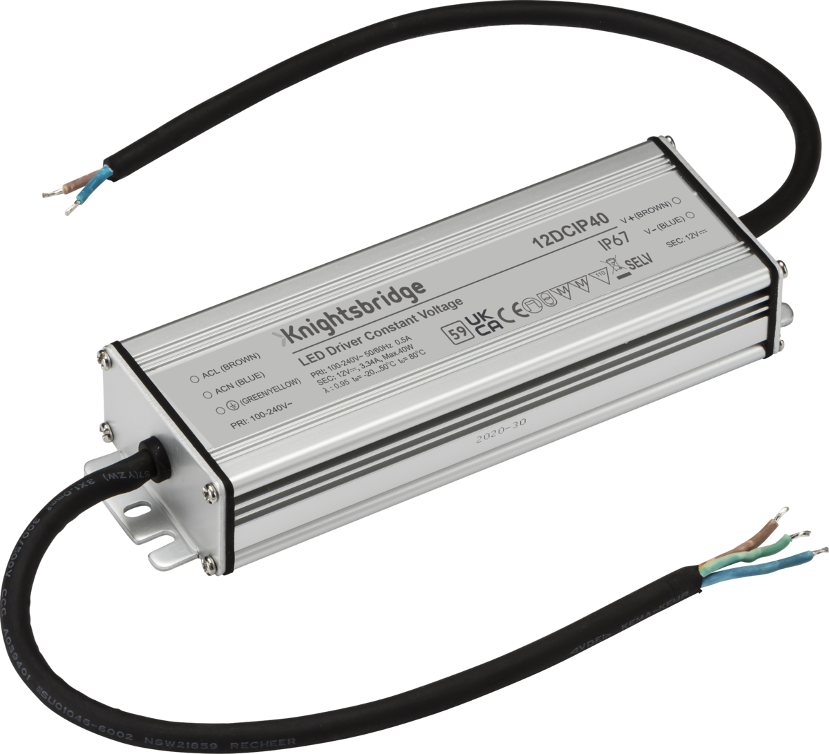 12V IP67 40W DC LED Driver - Constant Voltage, Grey