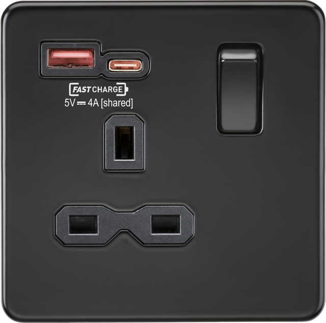 13A 1G SP Switched Socket with Dual USB A+C - Matt Black