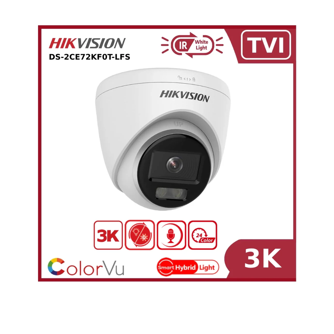 HikVision: DS-2CE72KF0T-LFS(2.8mm), 3K ColorVu Smart Hybrid Light Fixed Turret Camera, 40m IR, IP67