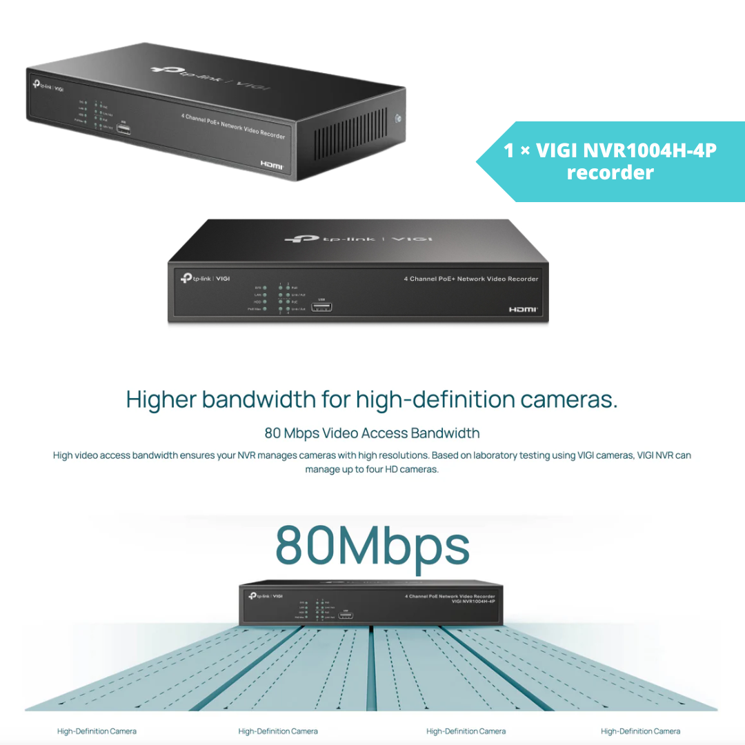 TP-Link 4 MP Full-Colour PoE CCTV Kit – 4 × InSight S345 Bullet Cameras + NVR1004H-4P + 20 m Leads | SKUs S345, NVR1004H-4P, CAT5E-20M