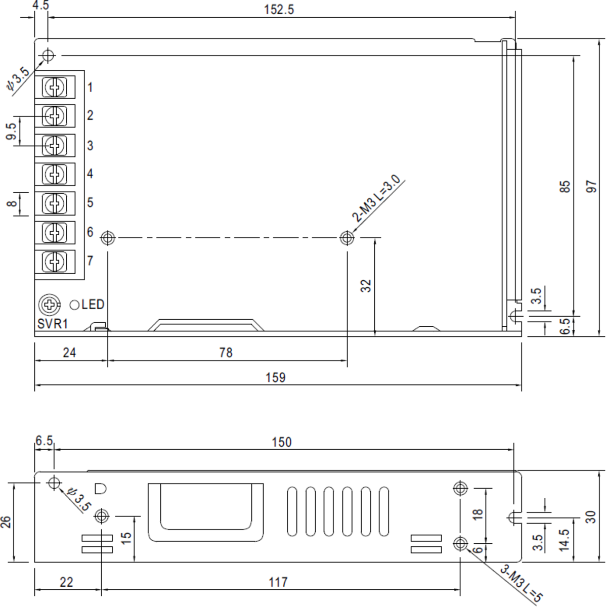 Secondary view of 24V IP20 150W DC Driver