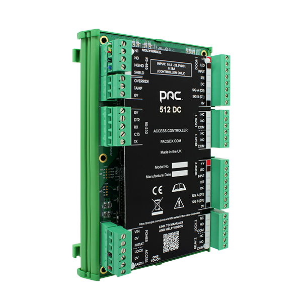 Comelit PAC 512 DC two-door access controller on a DIN rail mount