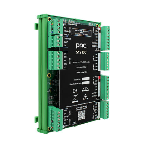 Comelit PAC 512 DC two-door access controller on a DIN rail mount