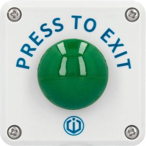 CDVI RTE-EX green dome exit button on a white surface plate