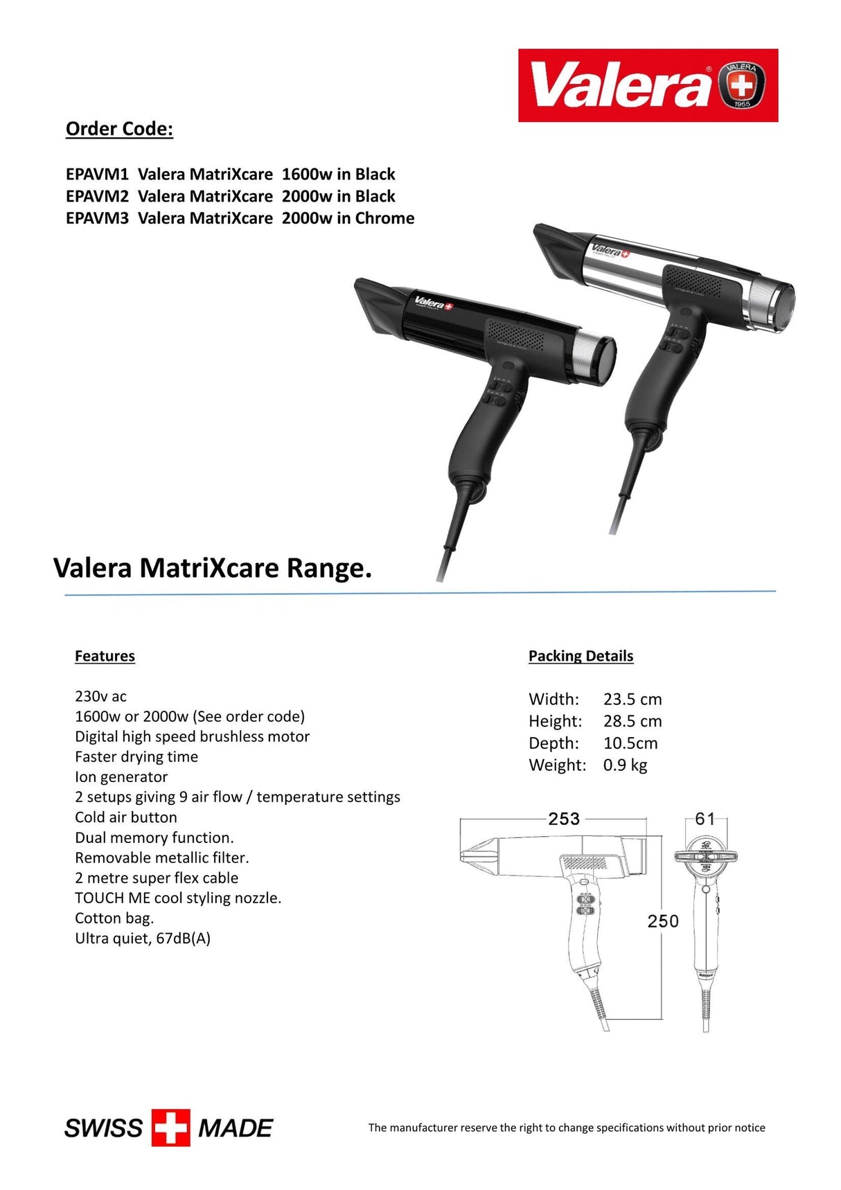 Valera MATRIXCARE Hair Dryer 2000W | EPAVM2 / EPAVM3