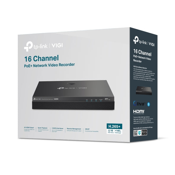 TP-Link VIGI NVR2016H-16MP | 16-Channel PoE+ 4K Network Video Recorder with 140W PoE, Dual SATA, H.265+ | SKU: VID-VIGITPNVR2016H-16MP