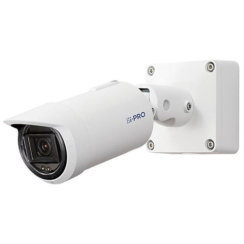i-PRO S-series bullet camera, white with wall mount bracket