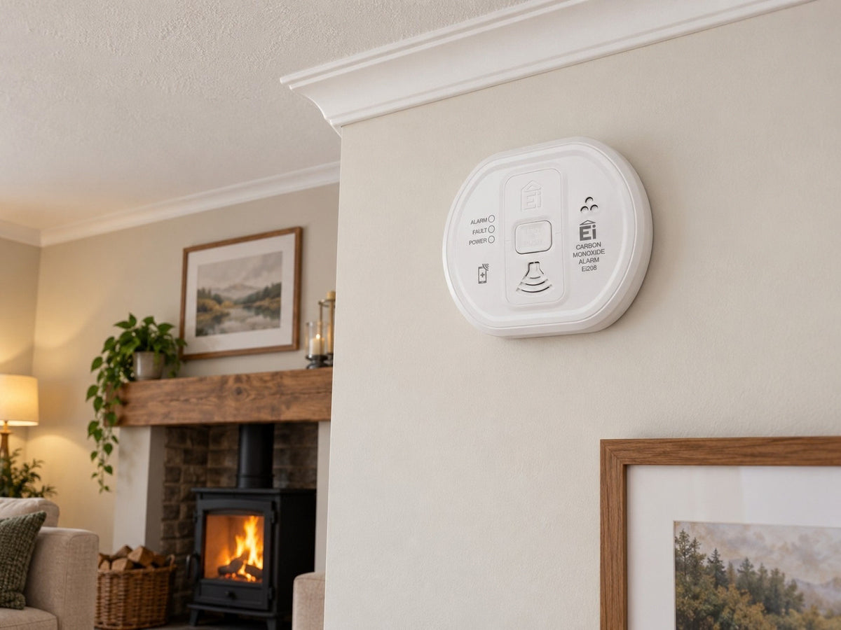 Aico Ei208 shown at a room with a fireplace.