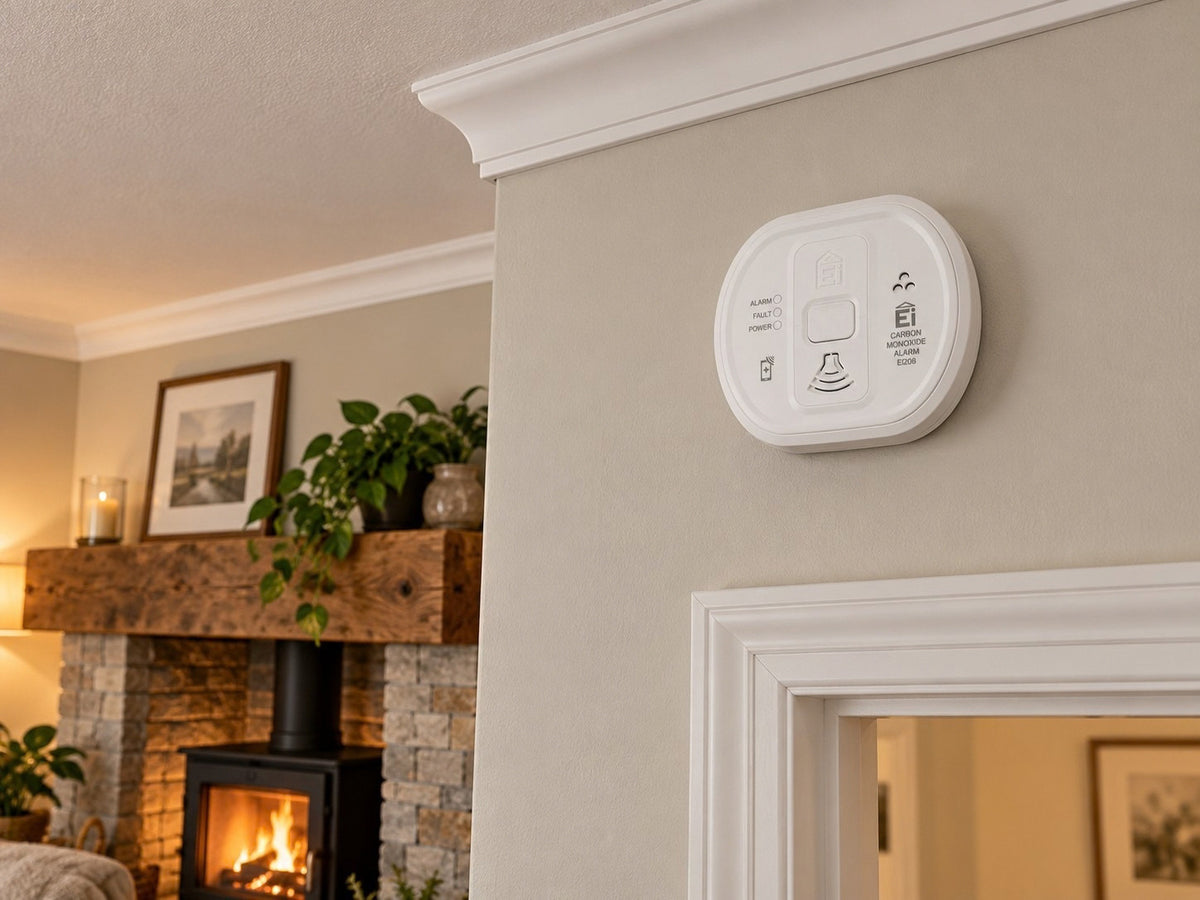Aico Ei208WRF shown at a room with a fireplace.