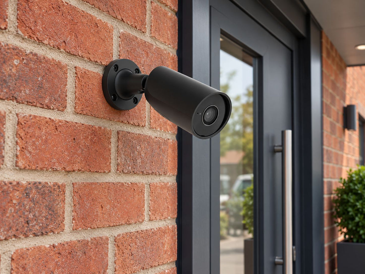 Ajax BulletCam • 5MP 2.8mm • Black installed in British small business entrance.