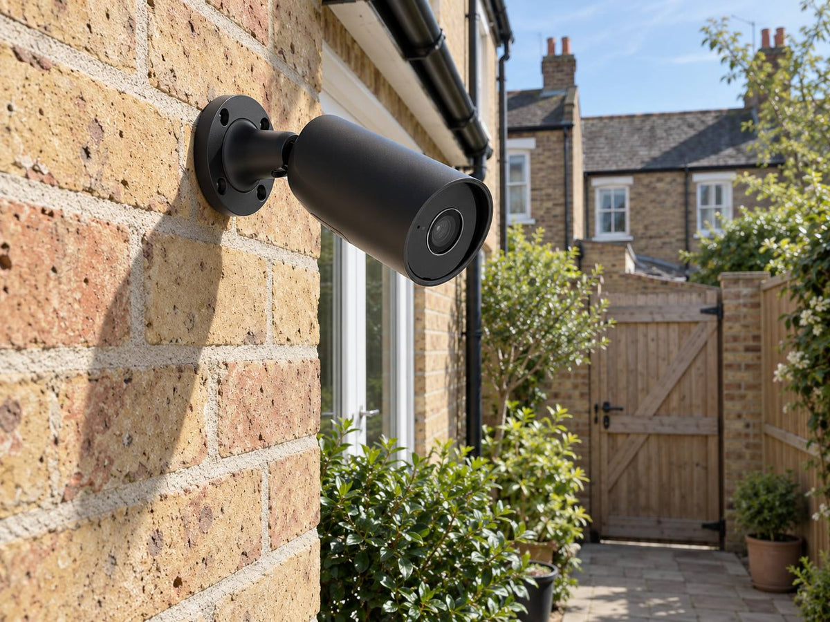 Ajax BulletCam • 5MP 2.8mm • Black installed in British terraced home rear courtyard.