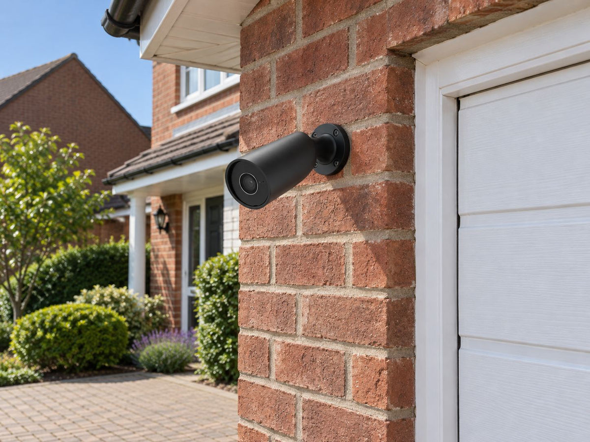 Ajax BulletCam 79027.217.BL1 installed in British red-brick home driveway.