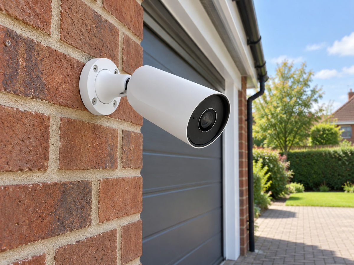 Ajax BulletCam • 8MP 2.8mm • White installed in British brick garage exterior.