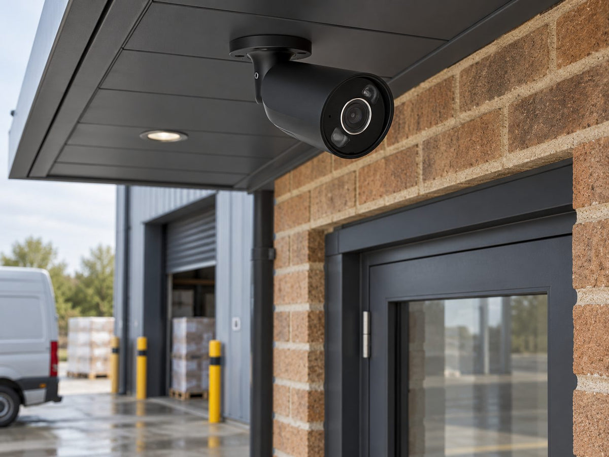 Ajax BulletCam HL in a small business loading entrance beneath a canopy.