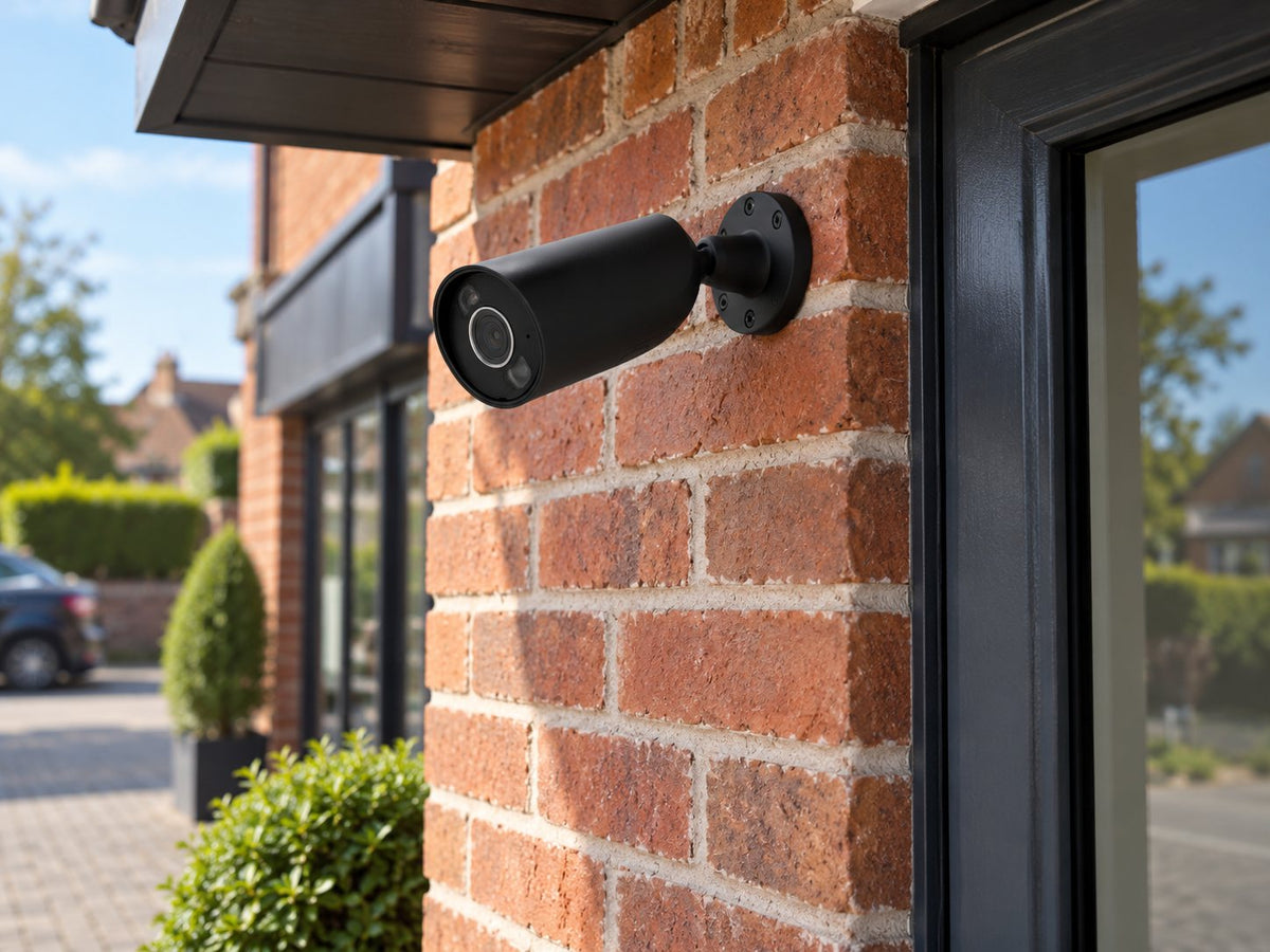 Ajax BulletCam HL • 5MP 4mm • Black installed in red-brick British shop entrance.