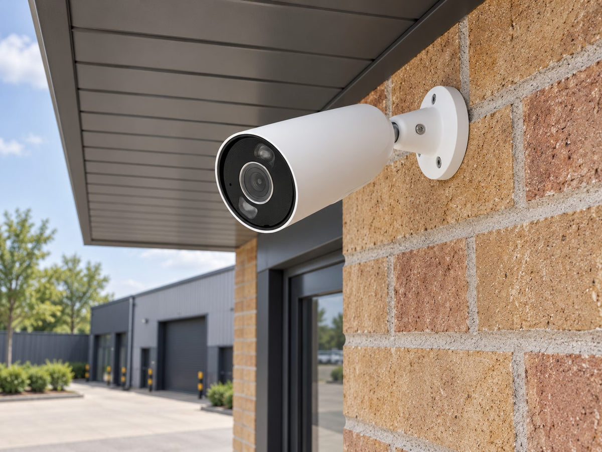 Ajax BulletCam HL • 5MP 4mm • White installed in modern British light-industrial entrance.