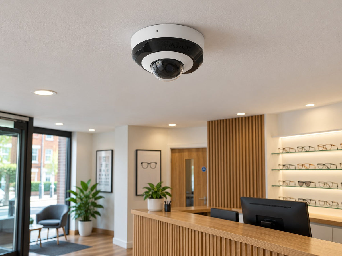 Ajax DomeCam Mini • 8MP 2.8mm • White installed in British optician reception.