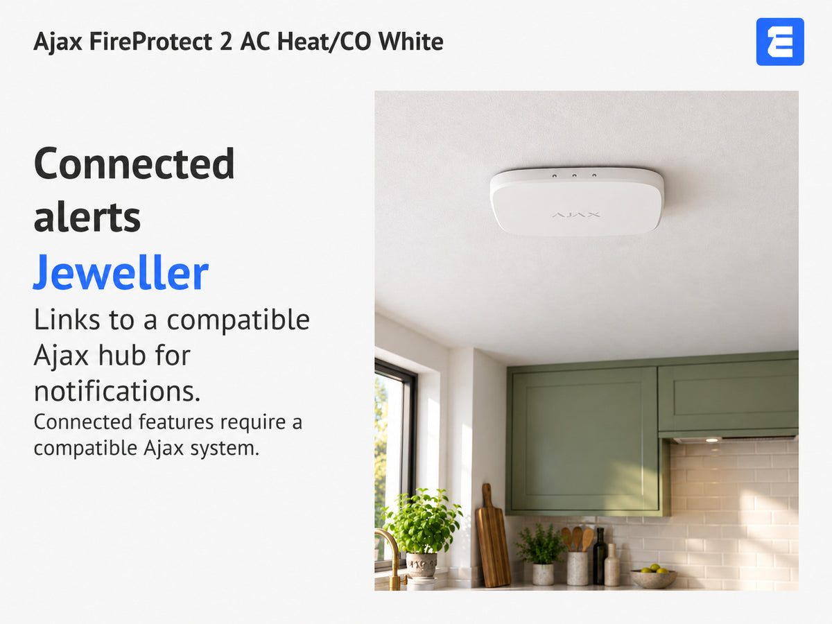 Ajax FireProtect 2 AC Heat/CO White at a kitchen ceiling; infographic: Connected alerts Jeweller Links to a compatible Ajax hub for notifications.
