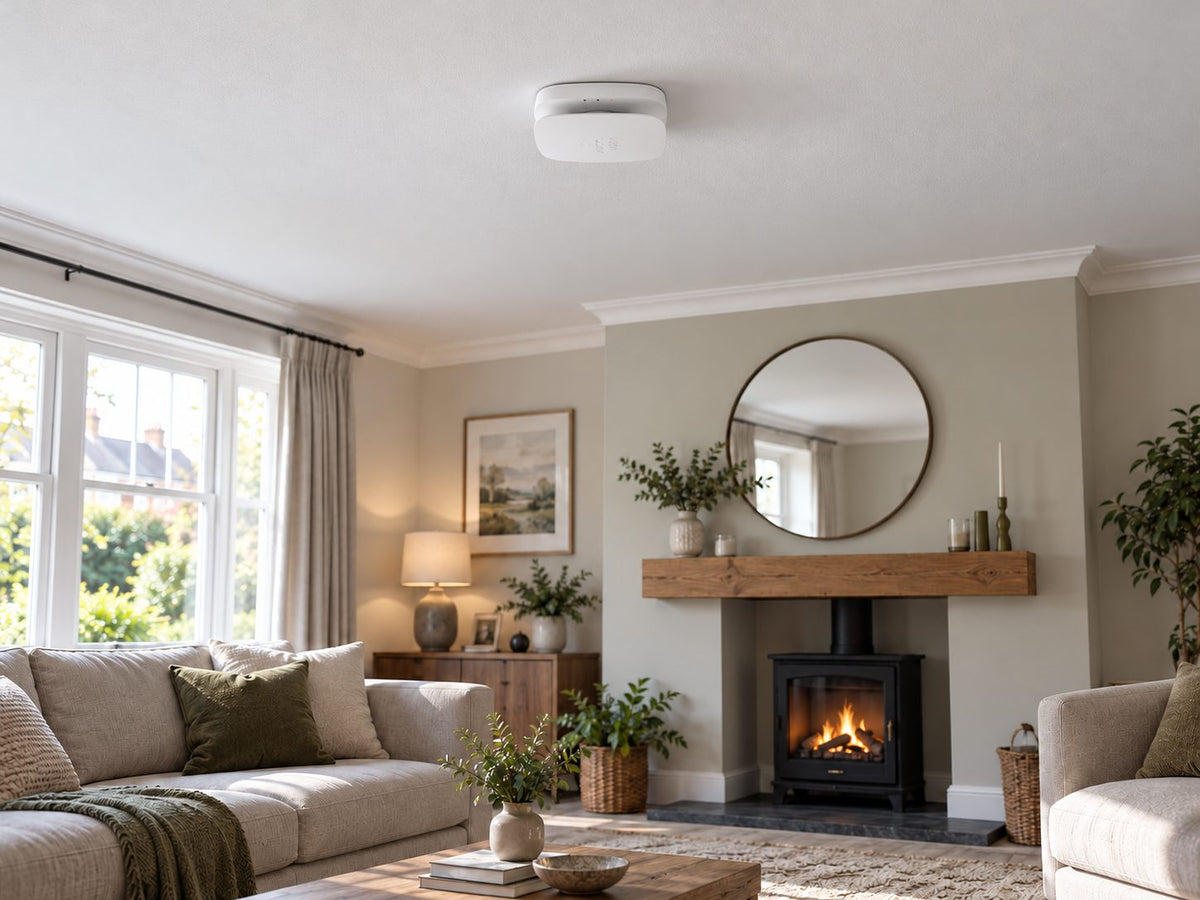 Ajax FireProtect 2 SB CO in a light British living room with a distant gas fireplace.