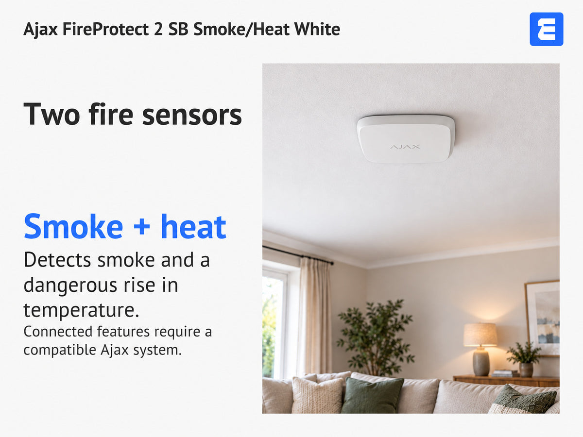 Ajax FireProtect 2 SB Smoke/Heat White at a living-room ceiling; infographic: Two fire sensors Smoke + heat Detects smoke and a dangerous rise in temperature.