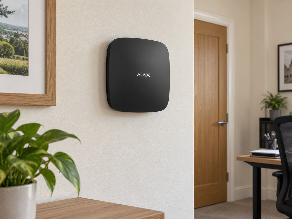 Ajax Hub 2 Plus • Black installed in small British office administration room.