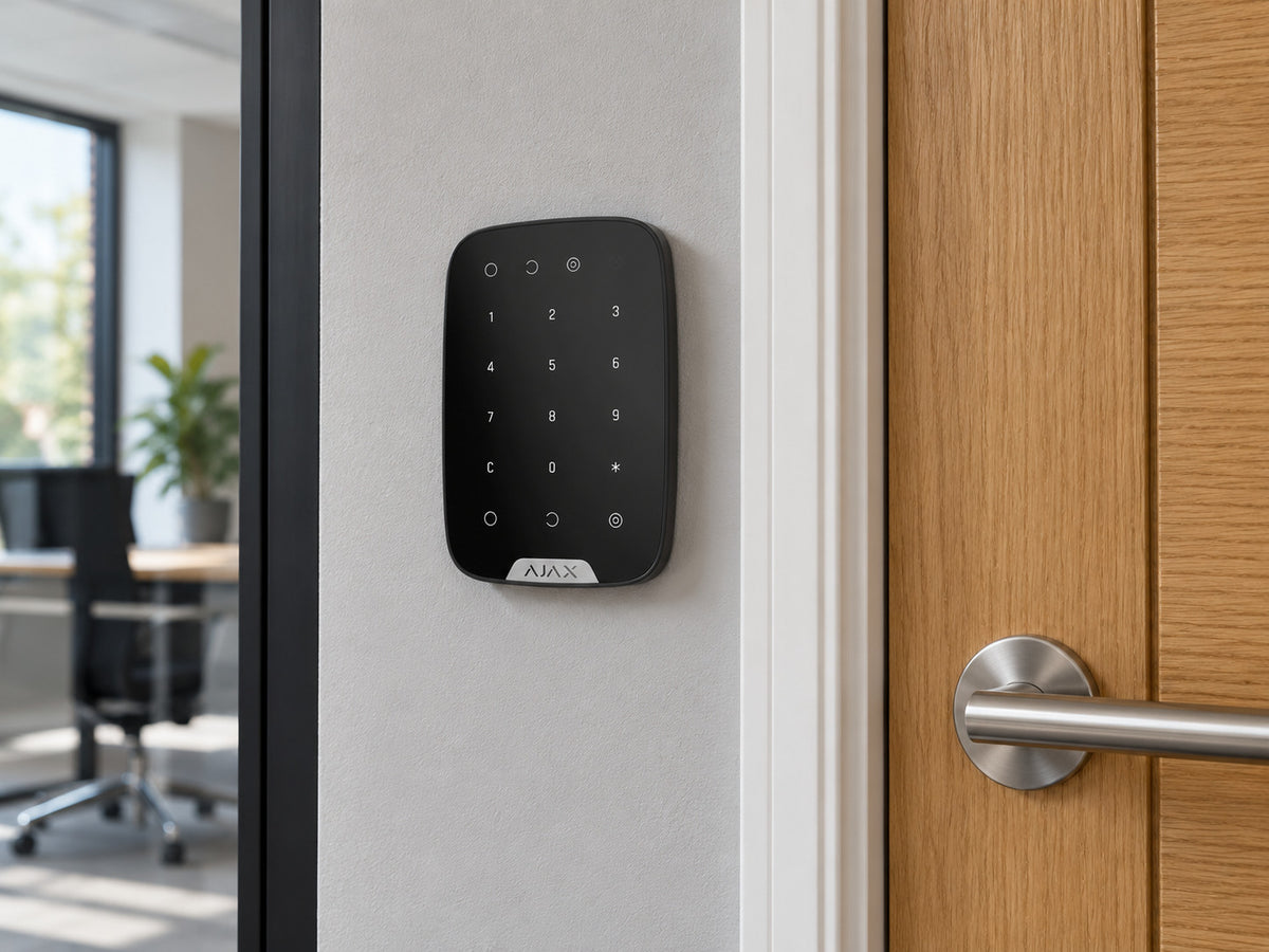 Ajax KeyPad black mounted beside an office entrance door.