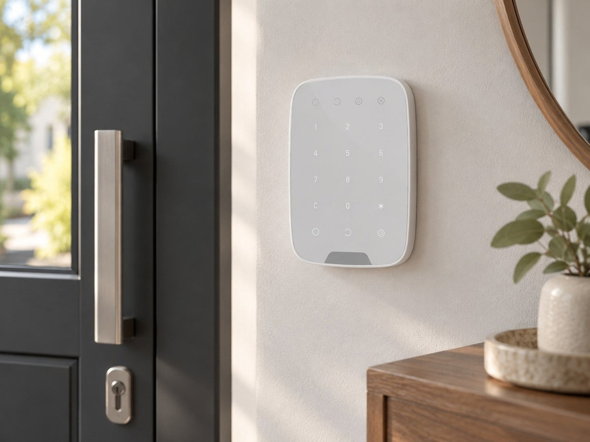Ajax KeyPad Fibra White shown at an entrance hallway wall.