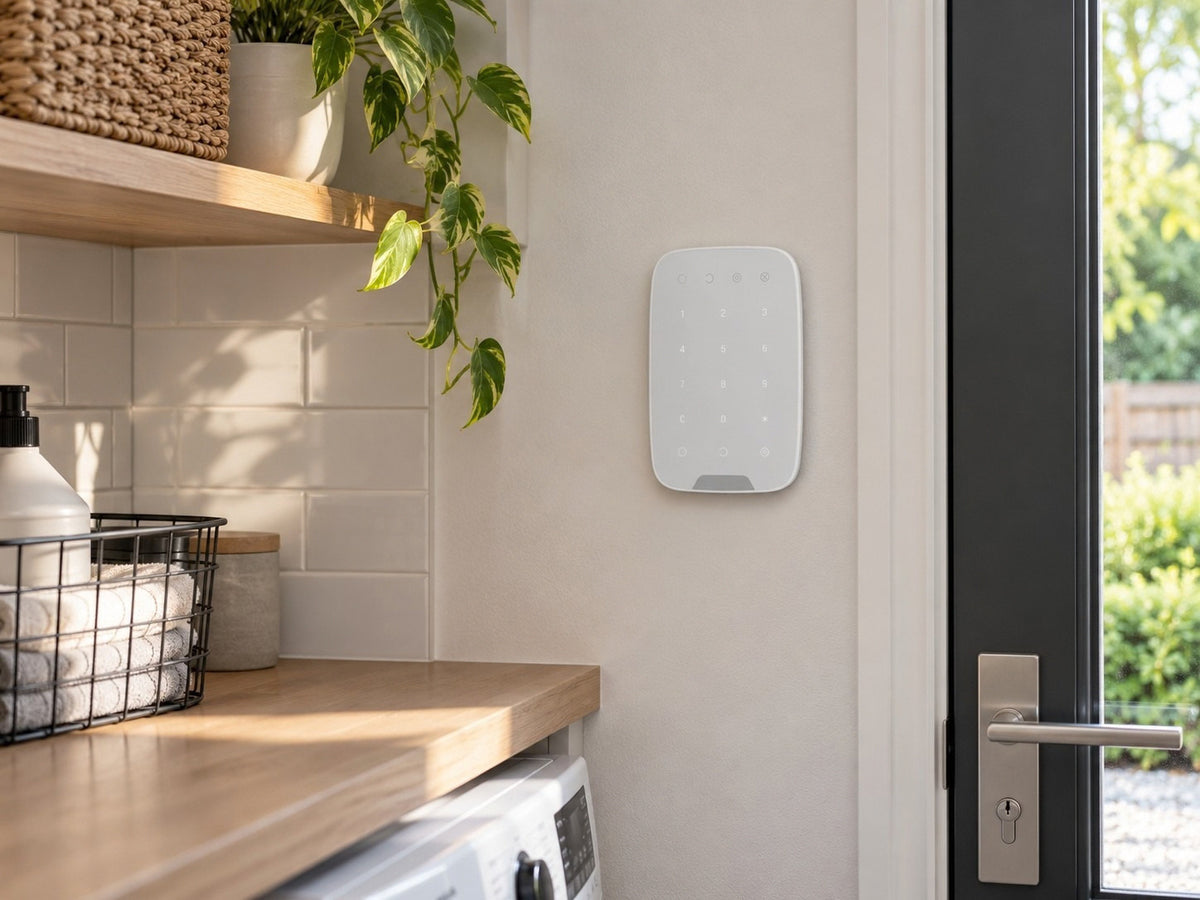 Ajax KeyPad Fibra White shown at a reception-area wall.