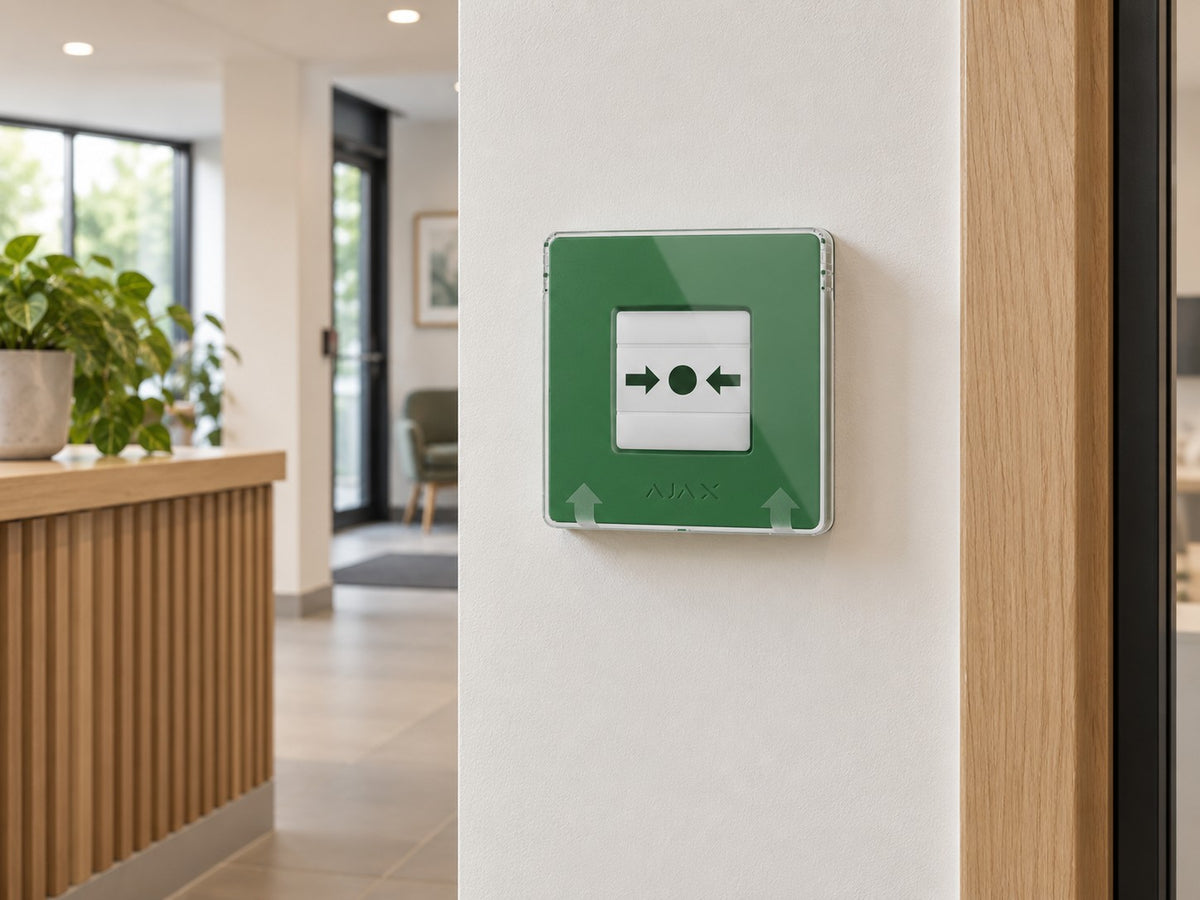 Ajax Manual Call Point • Green installed in small commercial reception corridor.