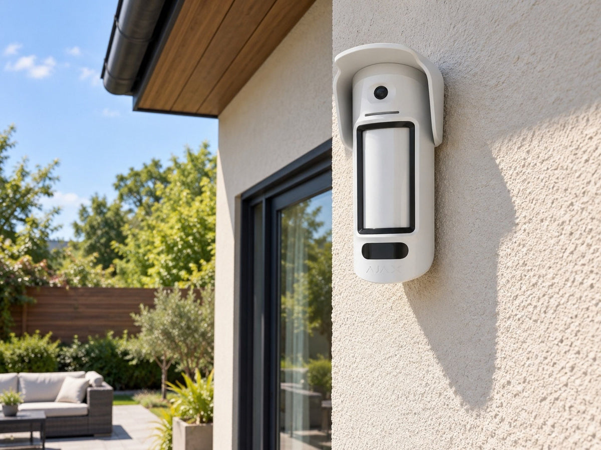 Ajax MotionCam Outdoor HighMount PhOD shown at a house wall beneath eaves.