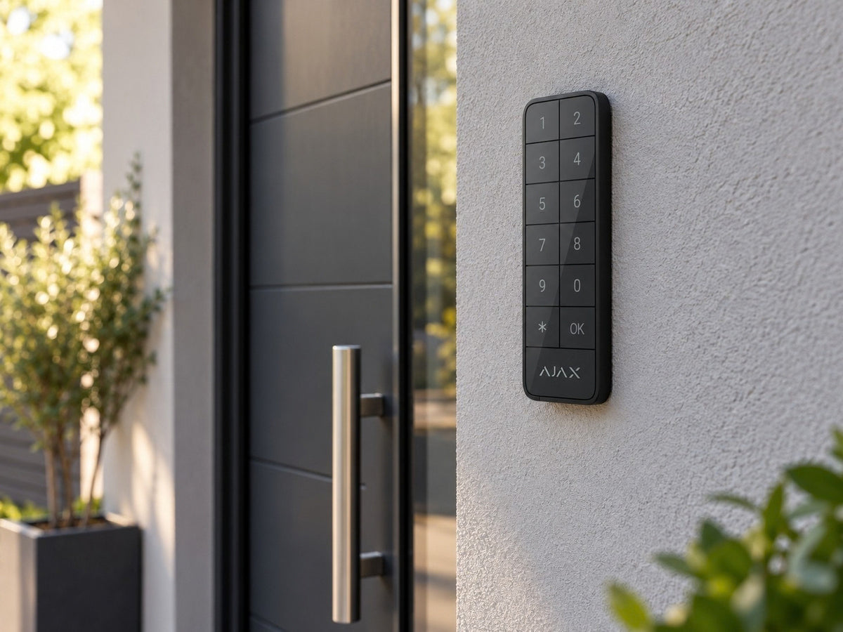 Ajax Superior KeyPad Outdoor Fibra Graphite mounted on a rendered wall beside an entrance.