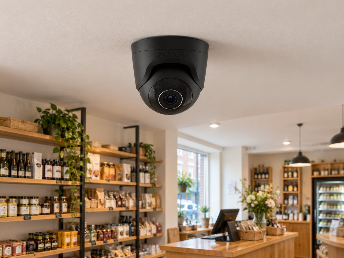 Ajax TurretCam • 5MP 4mm • Black installed in neat British independent shop interior.