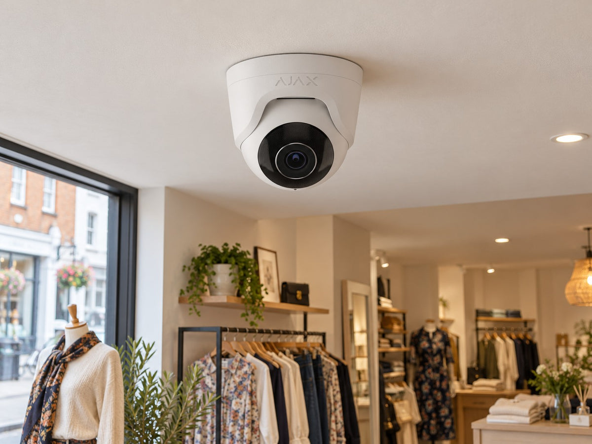 Ajax TurretCam • 5MP 4mm • White installed in British boutique clothing shop interior, warm off-white ceiling.