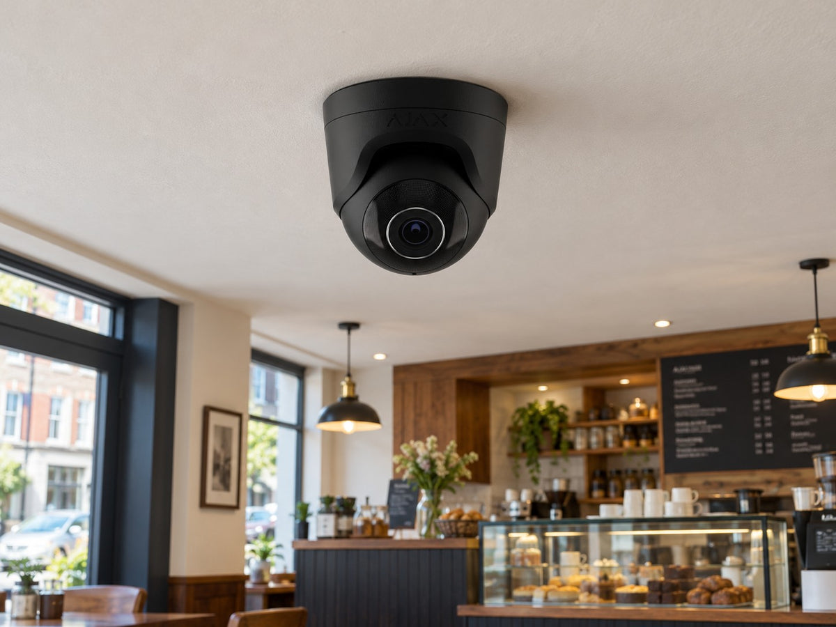 Ajax TurretCam • 8MP 2.8mm • Black installed in small British cafe interior, pale ceiling and dark timber counter.