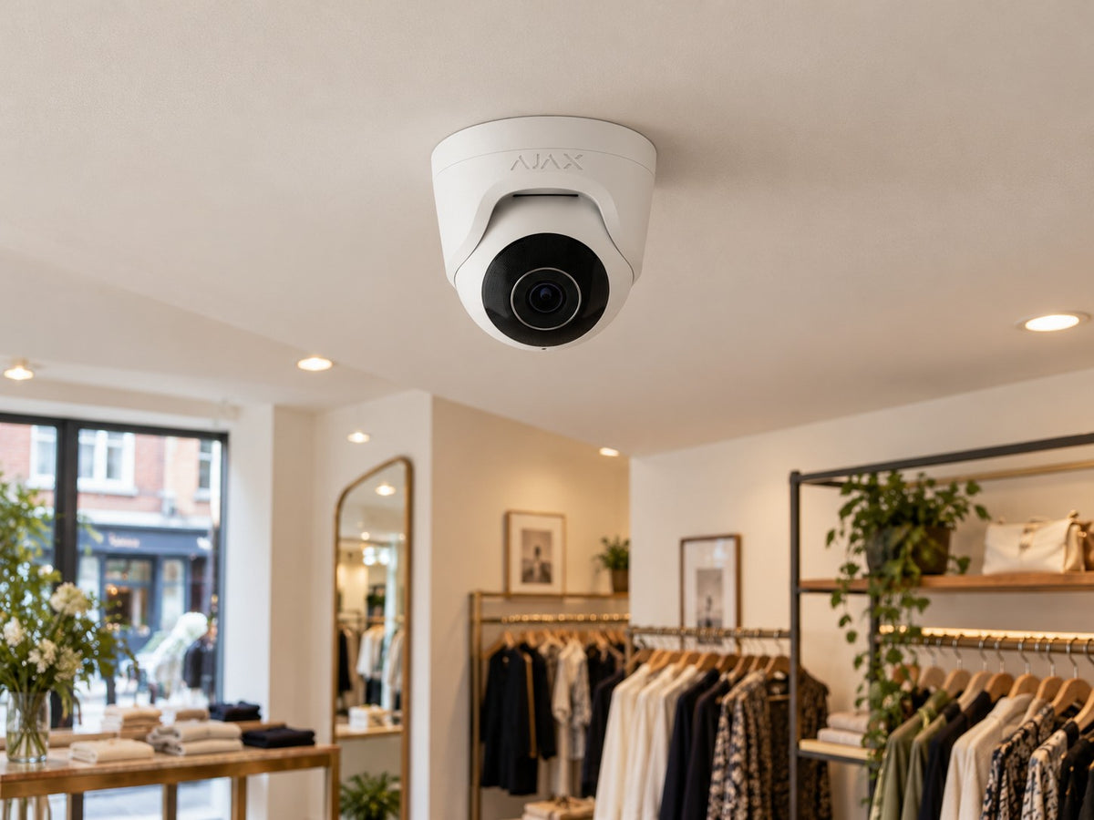 Ajax TurretCam • 8MP 4mm • White installed in British boutique clothing shop interior, warm off-white ceiling.