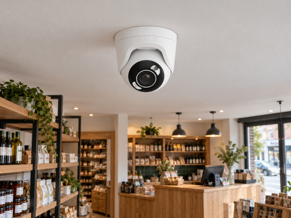Ajax TurretCam HL • 5MP 2.8mm • White installed in neat British independent shop interior.